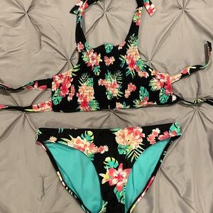 Floral Kids Swim Set - Black and Green